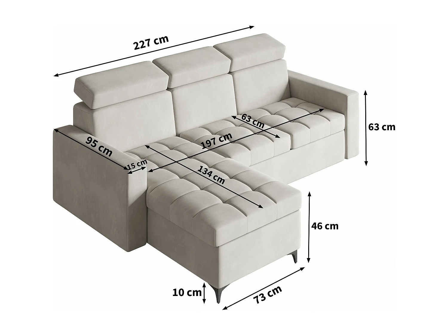 Canapé d'angle KAME Beige en peluche avec fonction de couchage
