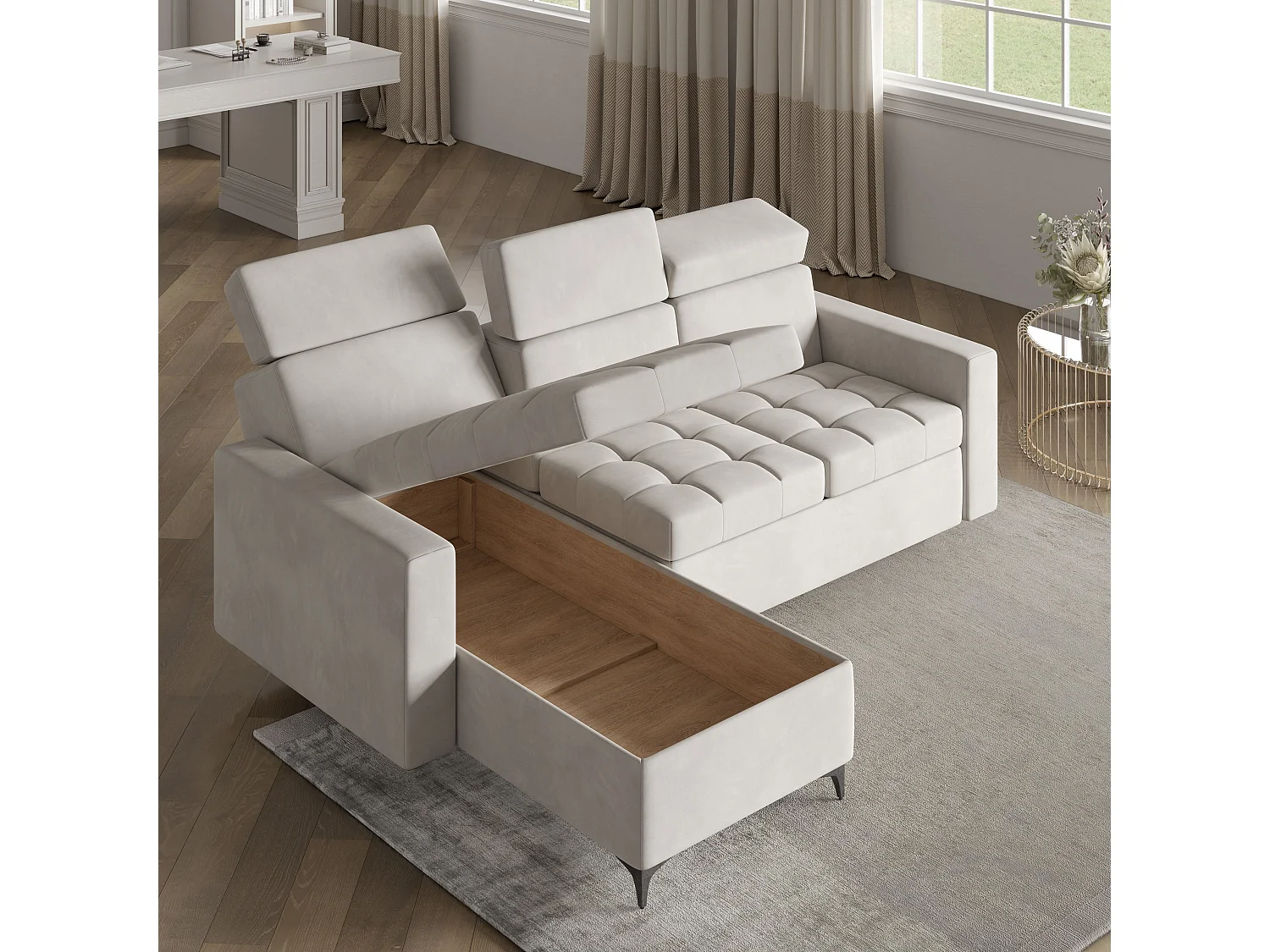 Canapé d'angle KAME Beige en peluche avec fonction de couchage