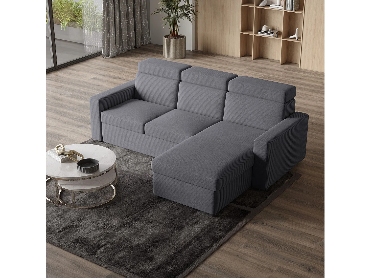 Canapé d'angle PADWA Gris en velours côtelé avec fonction de couchage