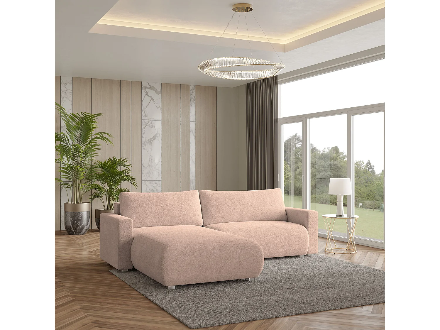 Canapé d'angle TURIN Rose poudré en bouclé avec fonction de couchage