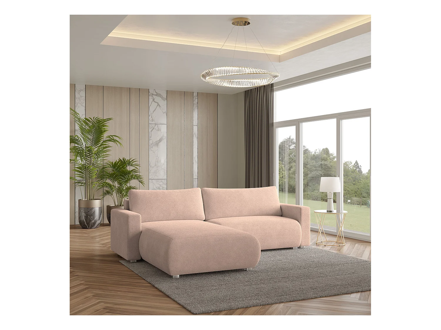 Canapé d'angle TURIN Rose poudré en bouclé avec fonction de couchage