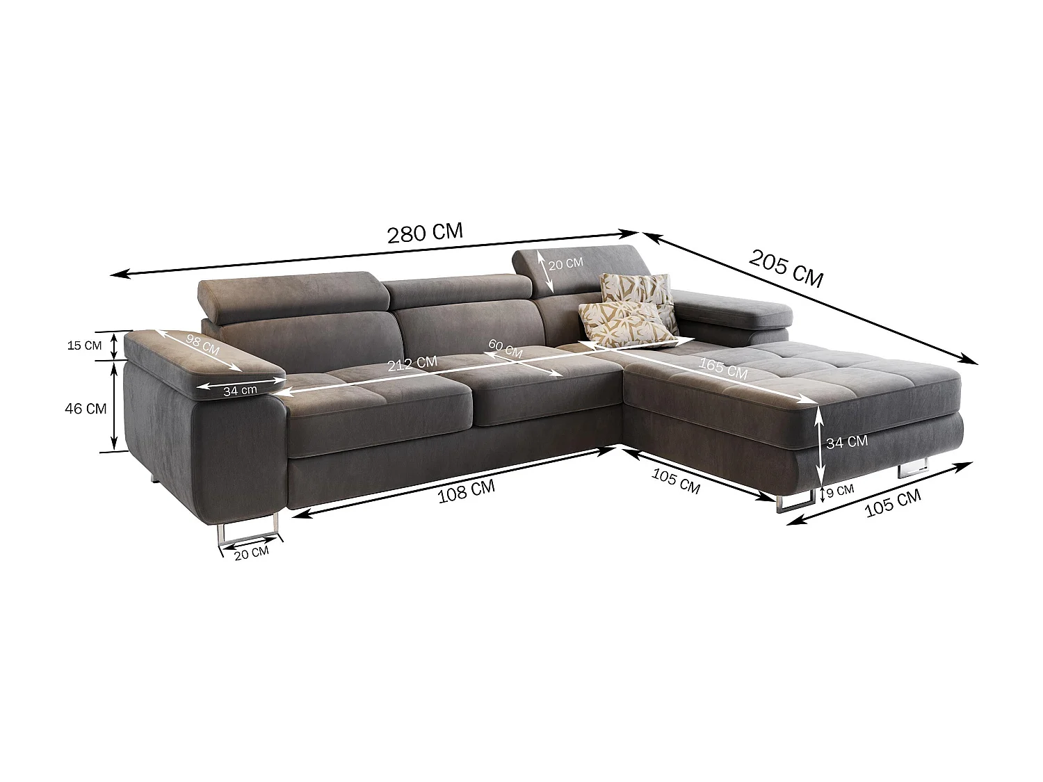 Canapé d'angle ELMA Noir en velours avec fonction de couchage