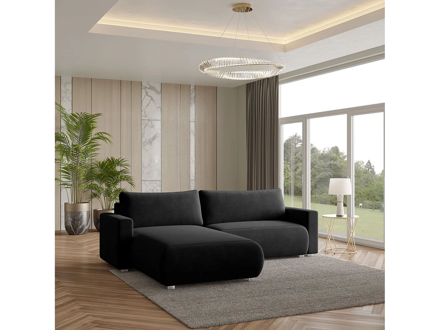 Canapé d'angle TURIN Noir en velours avec fonction de couchage