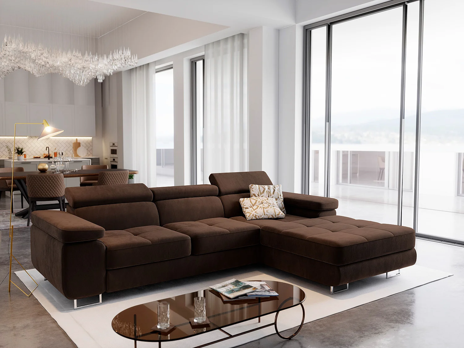 Canapé d'angle ELMA Marron en velours avec fonction de couchage