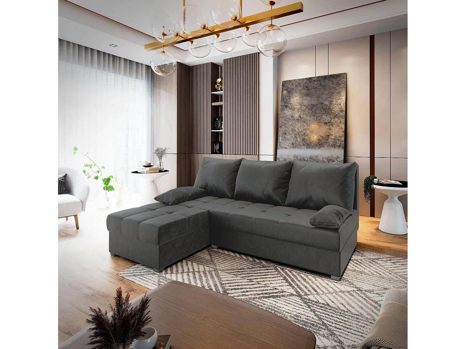 Canapé d'angle RITA Gris en peluche avec fonction de couchage