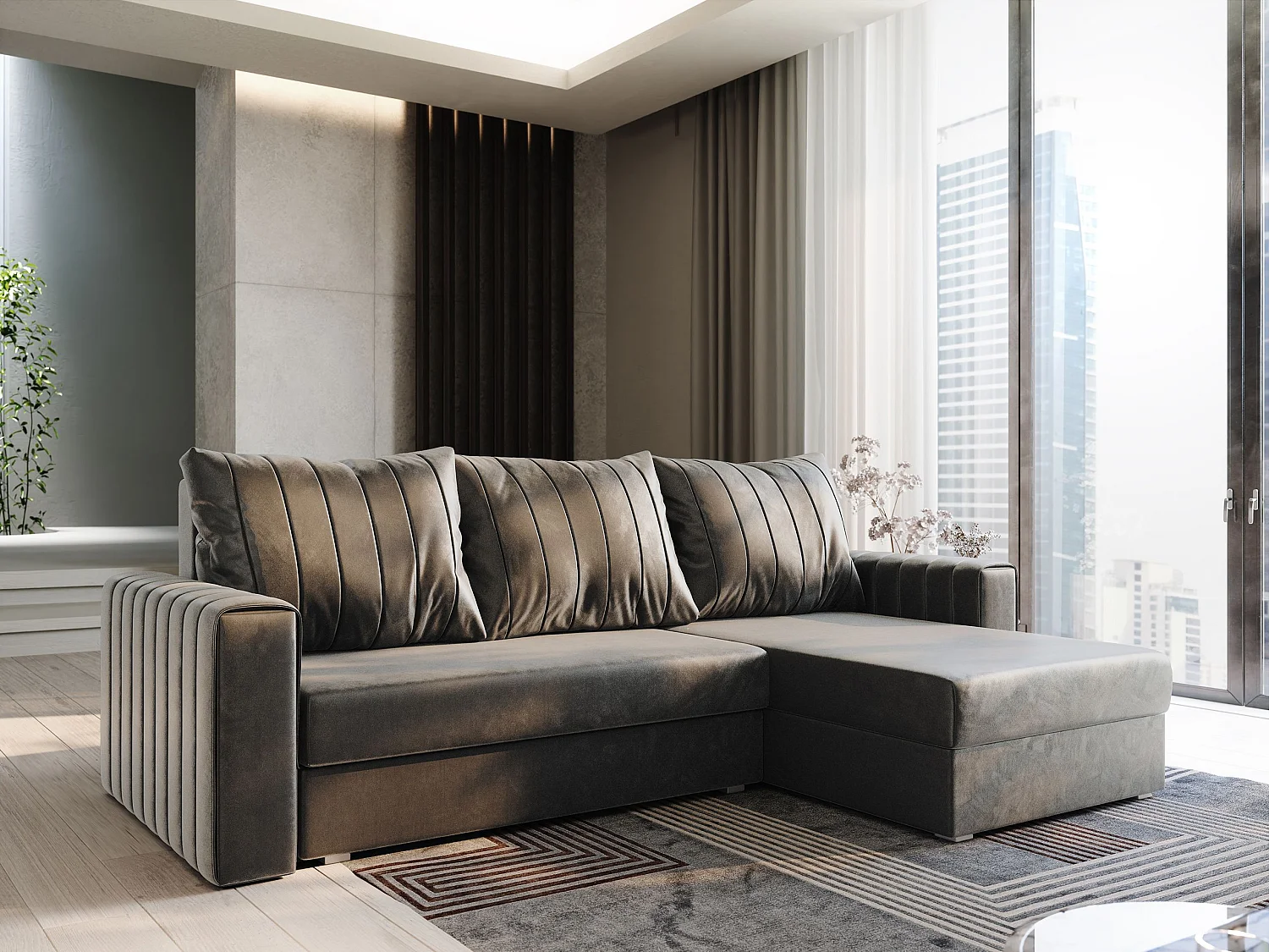 Canapé d'angle CARL Gris en peluche avec fonction de couchage