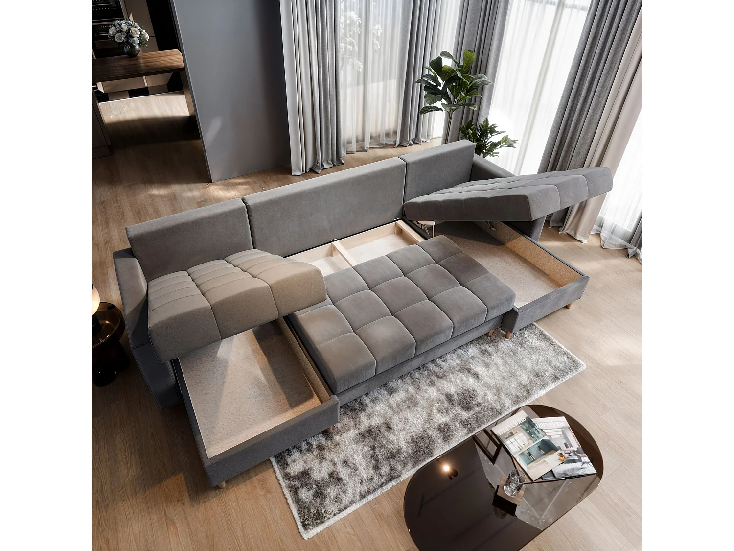 Canapé d'angle MILO Beige en peluche avec fonction de couchage