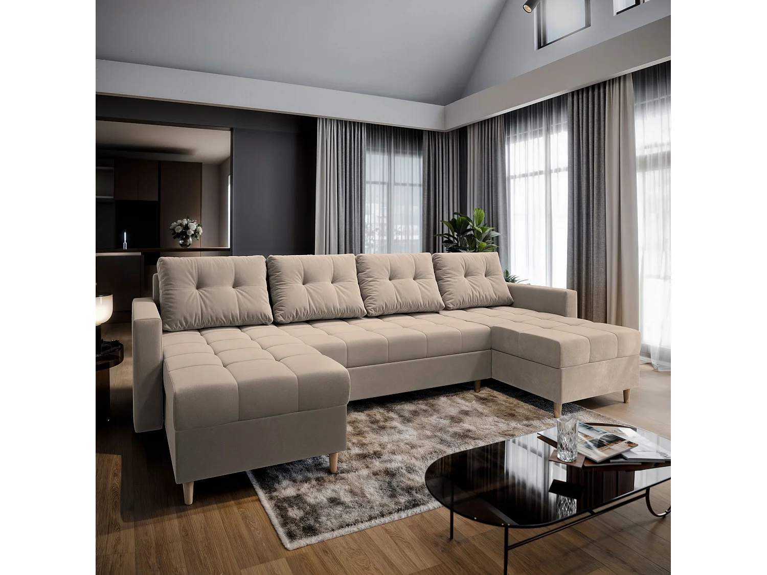 Canapé d'angle MILO Beige en peluche avec fonction de couchage