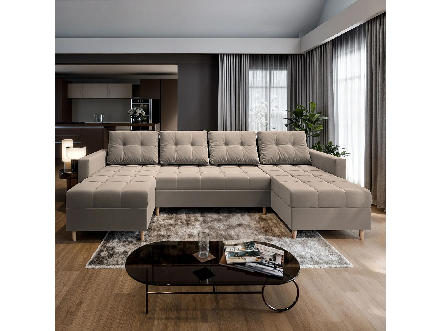 Canapé d'angle MILO Beige en peluche avec fonction de couchage