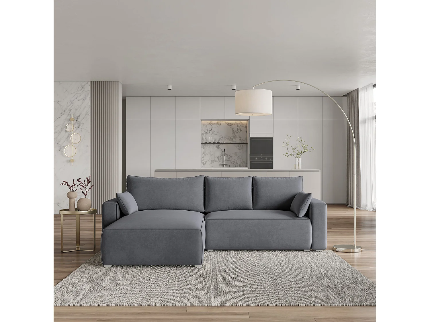 Canapé d'angle FORIL Gris en velours avec fonction de couchage