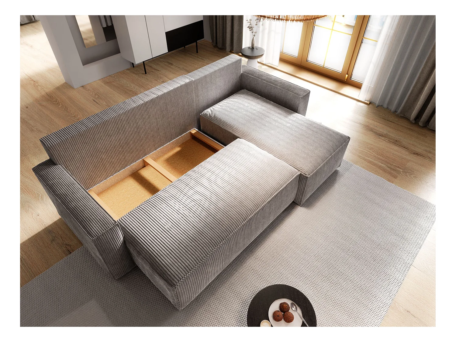 Canapé d'angle POTARO Parme en velours côtelé avec fonction de couchage