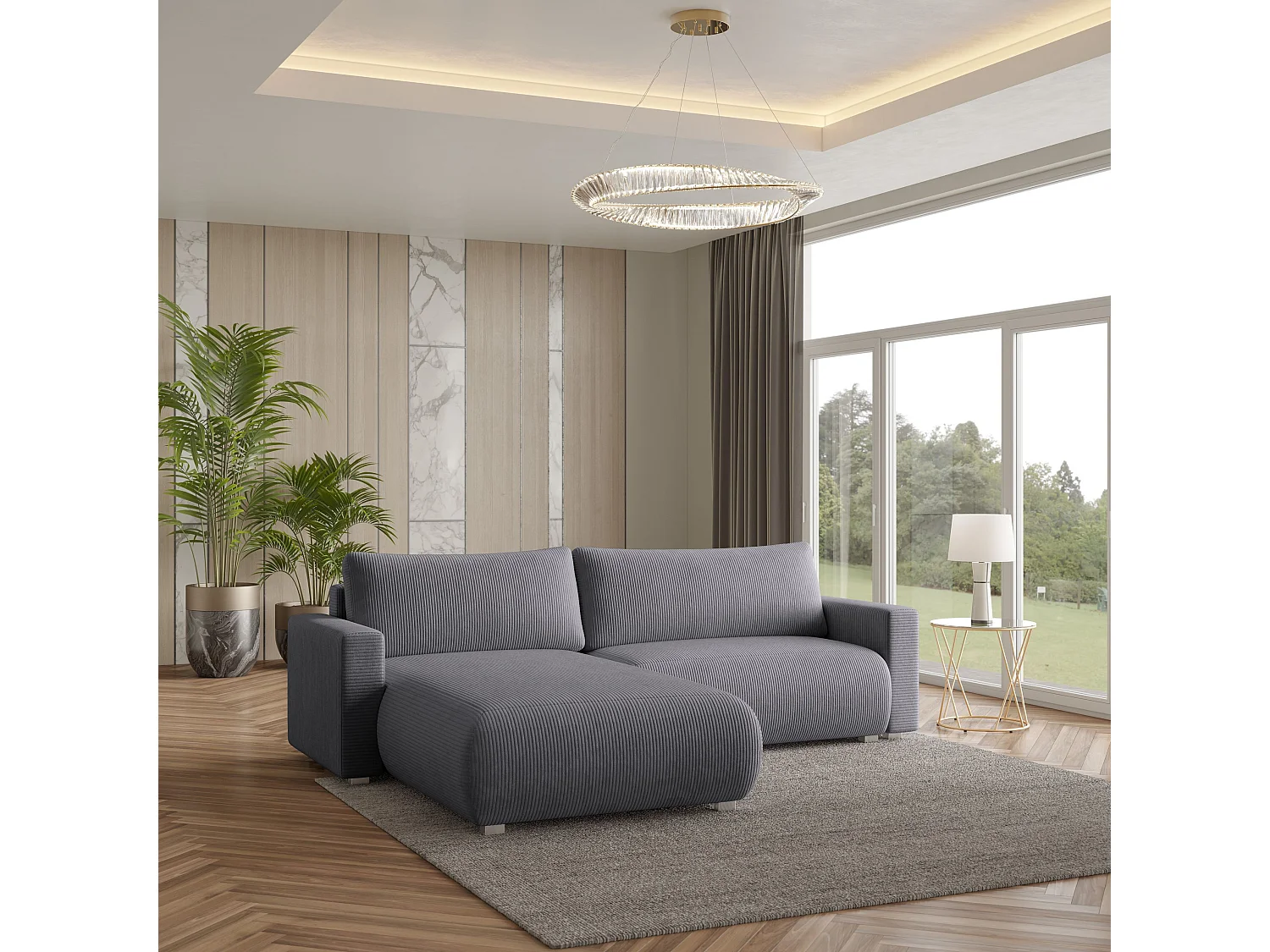 Canapé d'angle TURIN Gris en velours côtelé avec fonction de couchage