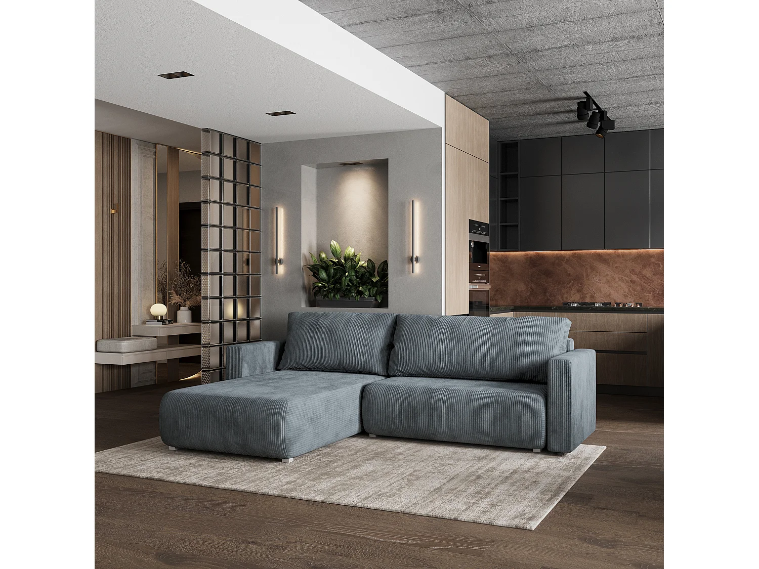 Canapé d'angle TURIN Gris en velours côtelé avec fonction de couchage