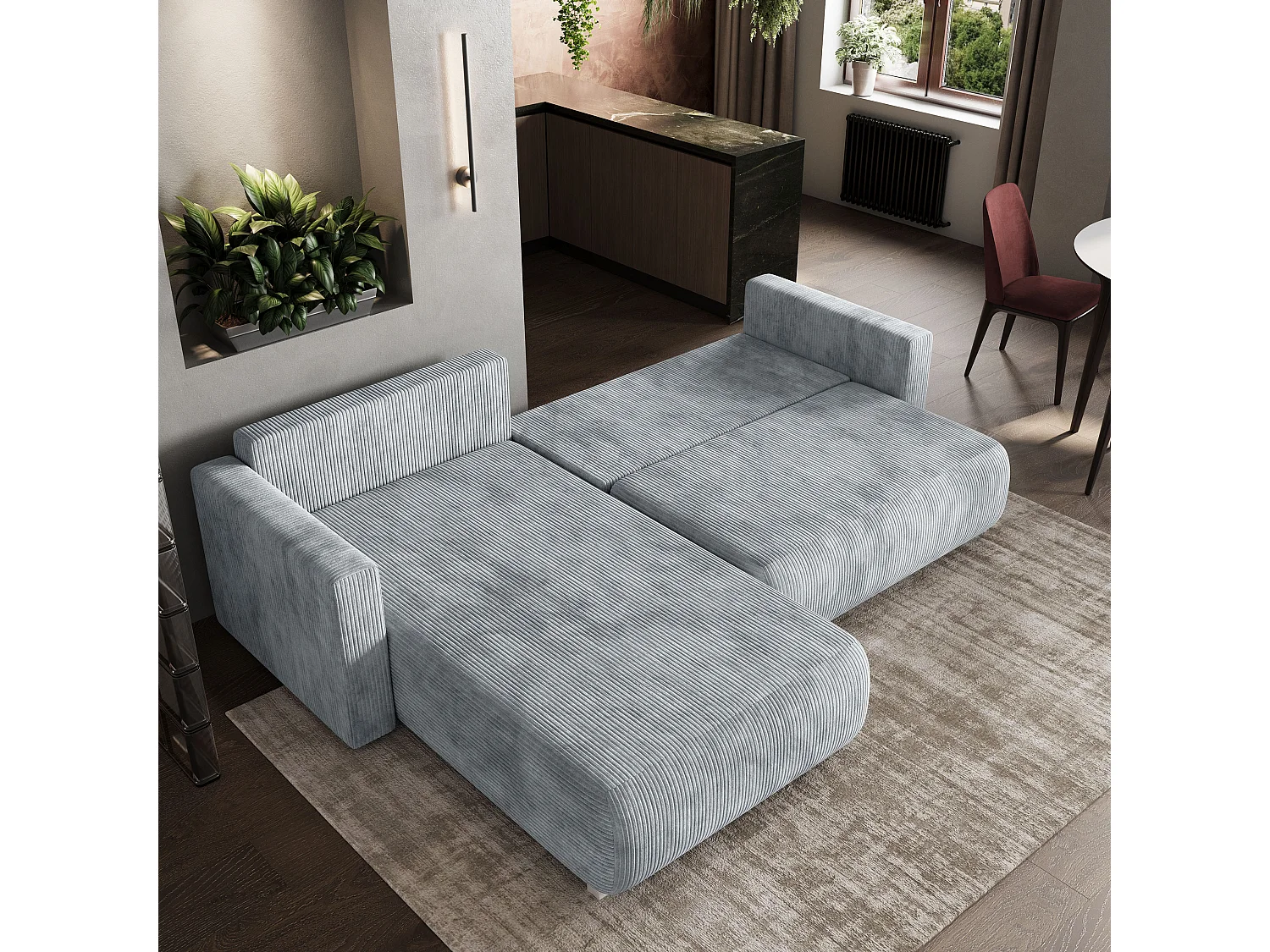 Canapé d'angle TURIN Gris en velours côtelé avec fonction de couchage