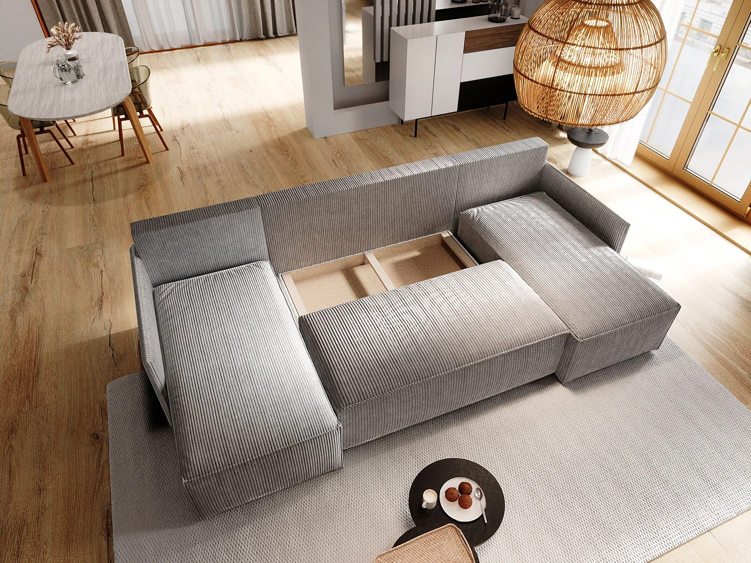 Canapé d'angle TRES Gris anthracite en velours côtelé avec fonction de couchage