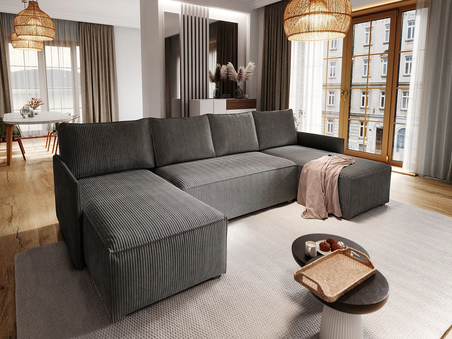 Canapé d'angle TRES Gris anthracite en velours côtelé avec fonction de couchage