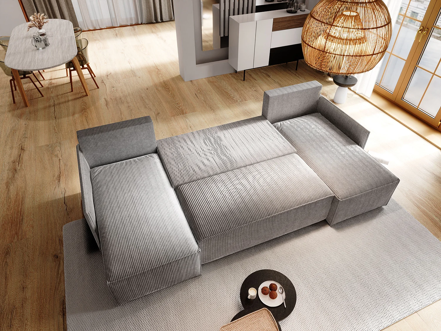 Canapé d'angle TRES Gris anthracite en velours côtelé avec fonction de couchage