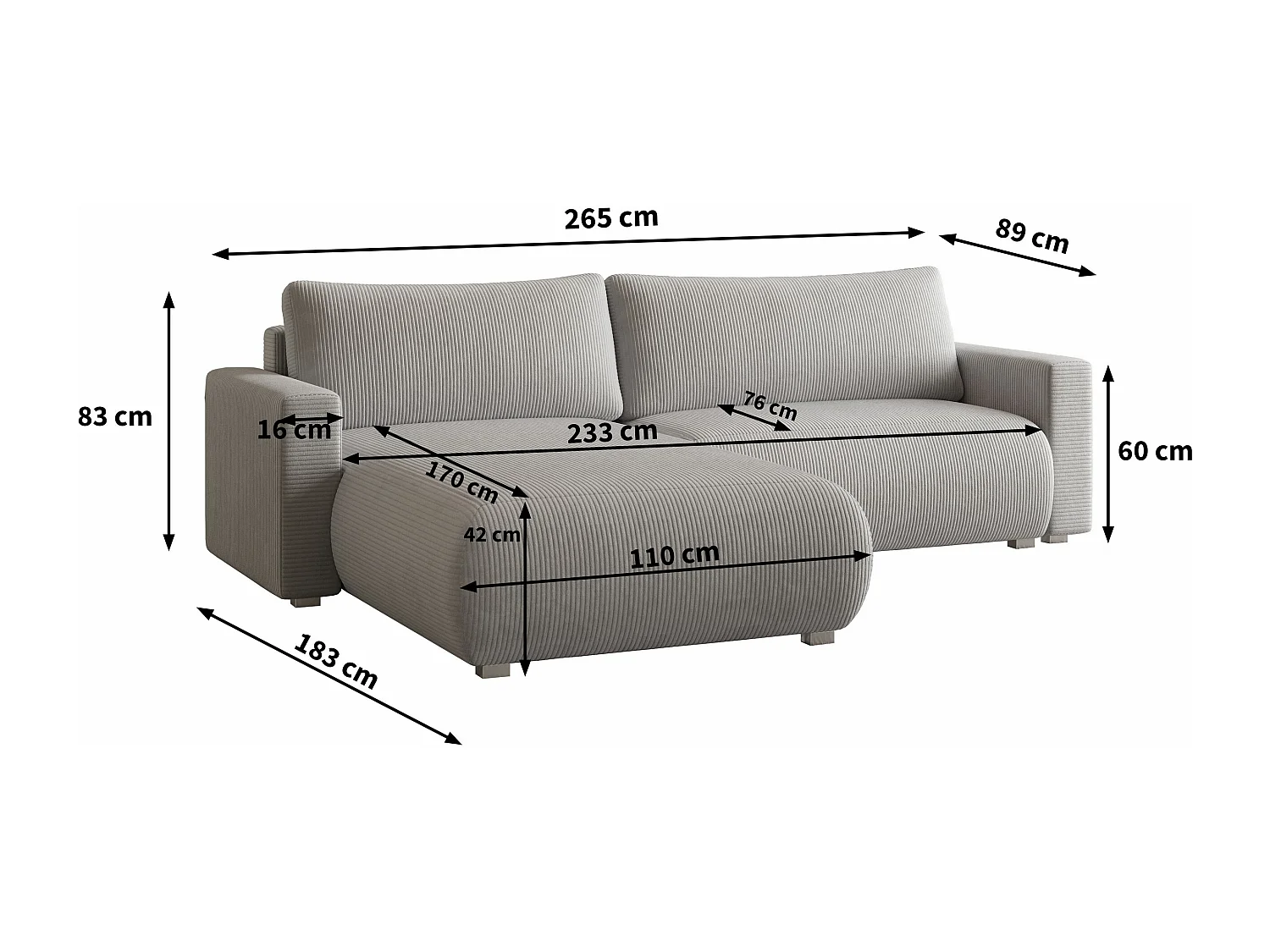 Canapé d'angle TURIN Gris anthracite en velours côtelé avec fonction de couchage