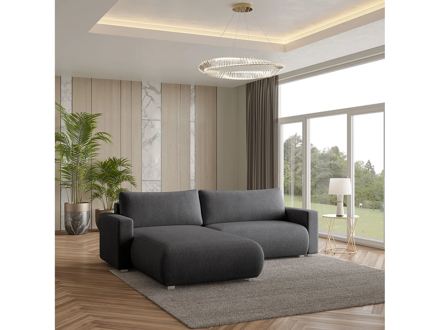 Canapé d'angle TURIN Gris anthracite en velours côtelé avec fonction de couchage