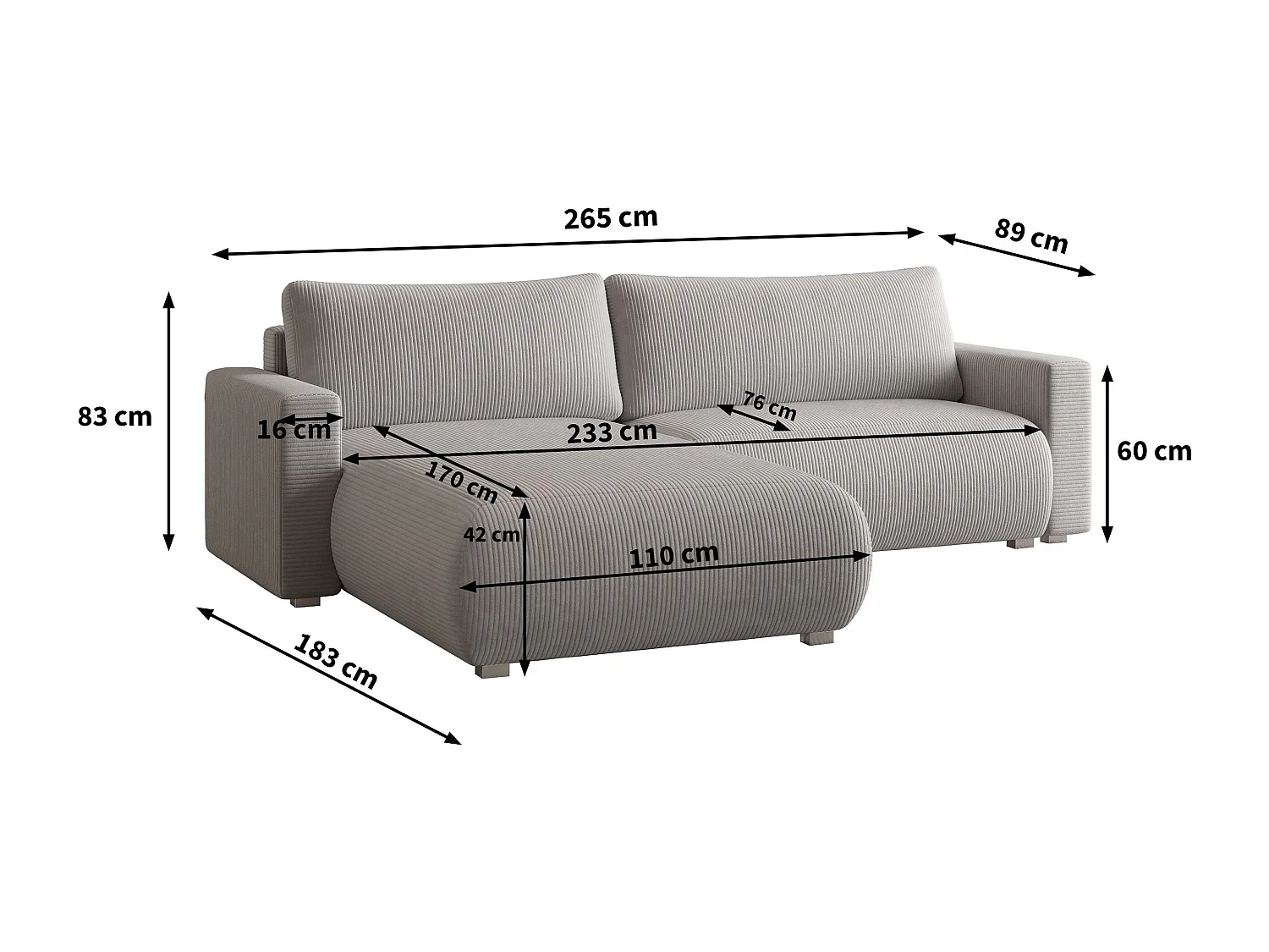 Canapé d'angle TURIN Gris anthracite en velours côtelé avec fonction de couchage