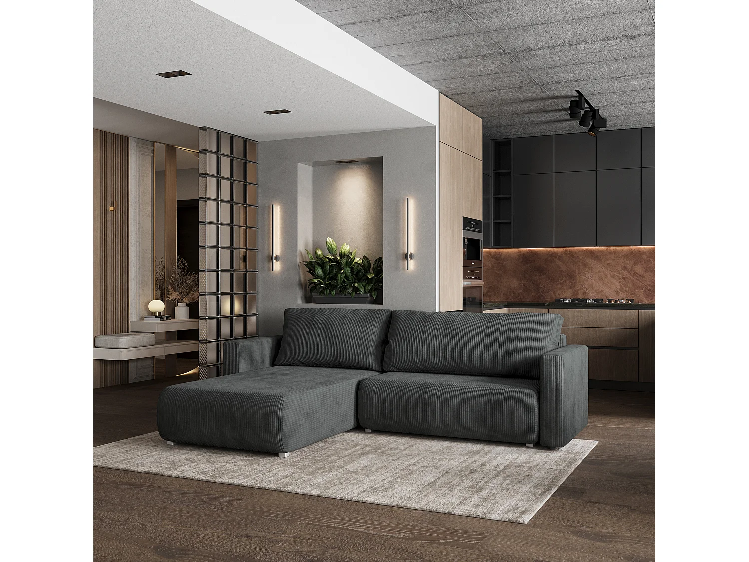 Canapé d'angle TURIN Gris anthracite en velours côtelé avec fonction de couchage