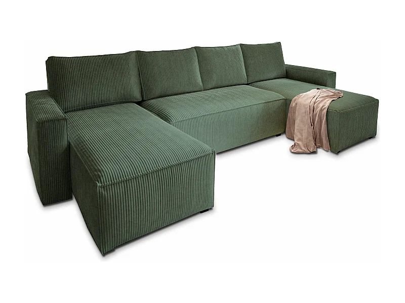 Canapé d'angle ASPRA Vert Sapin en velours côtelé avec fonction de couchage