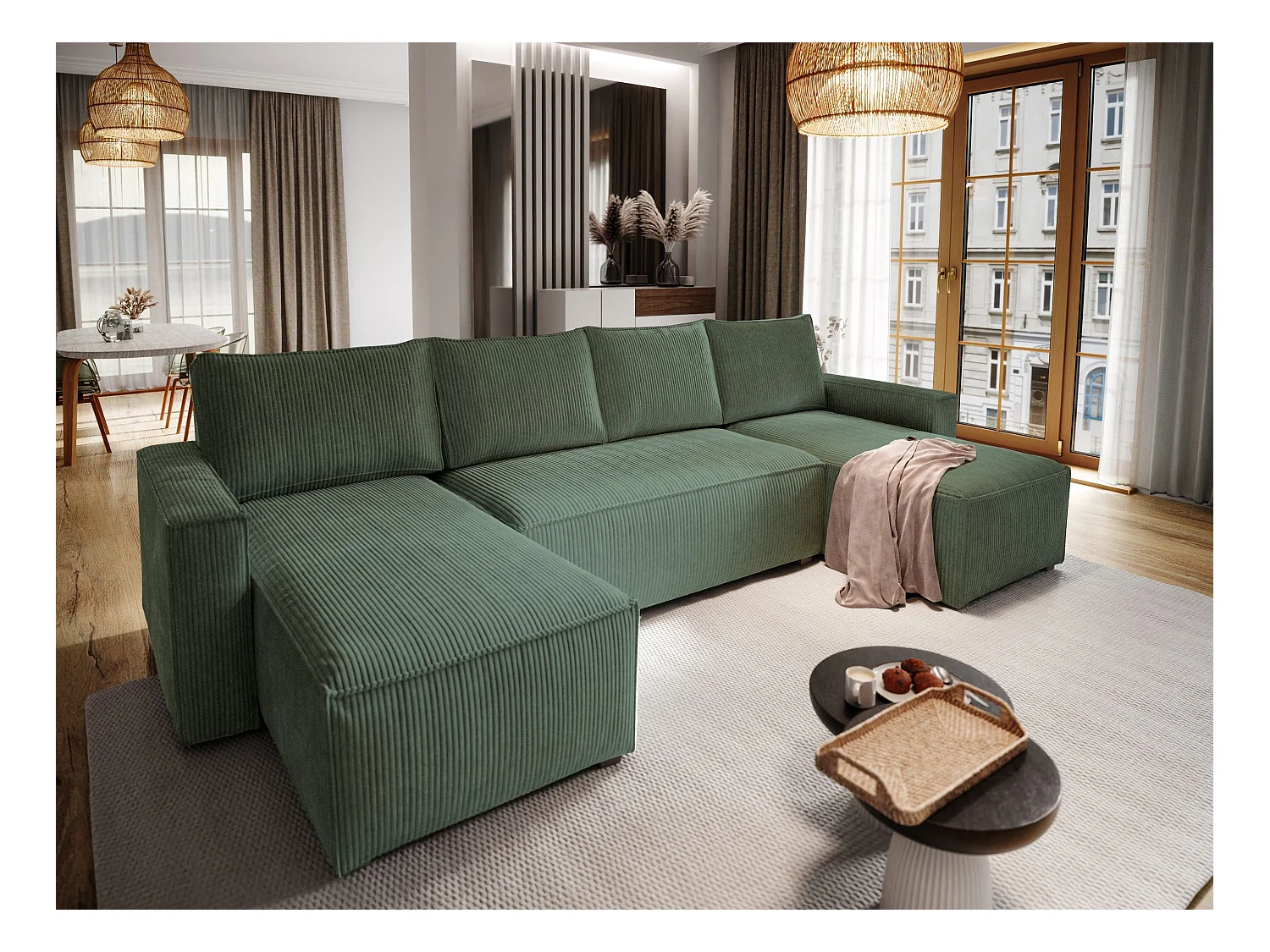 Canapé d'angle ASPRA Vert Sapin en velours côtelé avec fonction de couchage