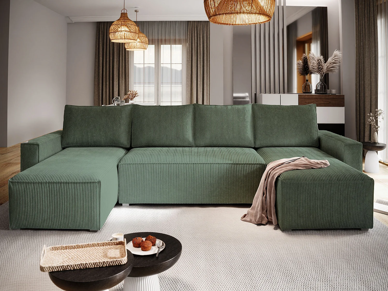 Hoekbank ASPRA van fluweel met slaapfunctie Grün
