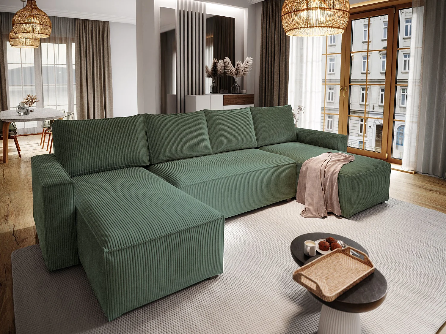 Canapé d'angle ASPRA Vert Sapin en velours côtelé avec fonction de couchage