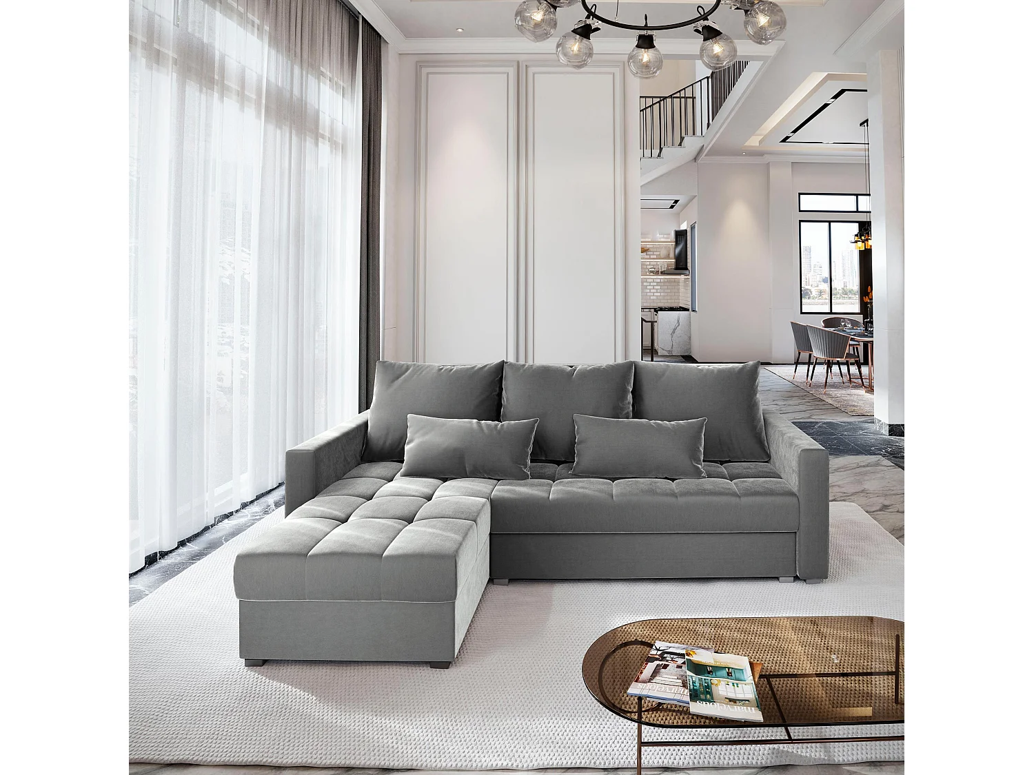 Canapé d'angle KOS PIK Gris clair en peluche avec fonction de couchage