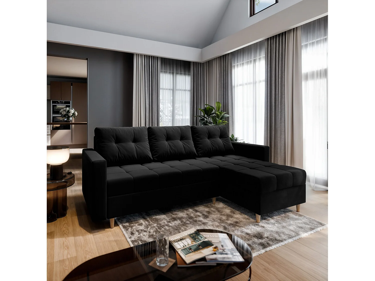 Canapé d'angle MILO Noir en peluche avec fonction de couchage