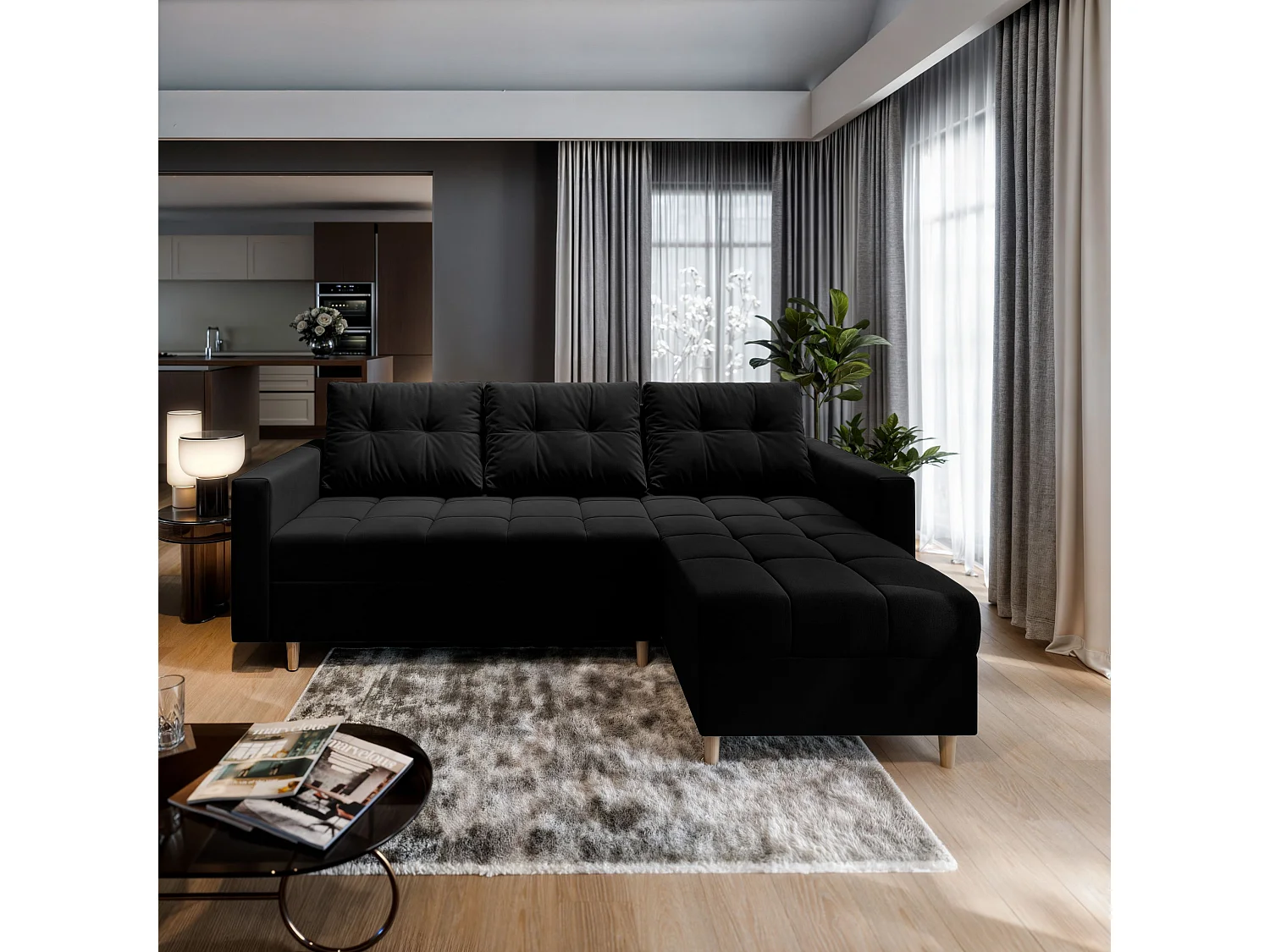 Canapé d'angle MILO Noir en peluche avec fonction de couchage