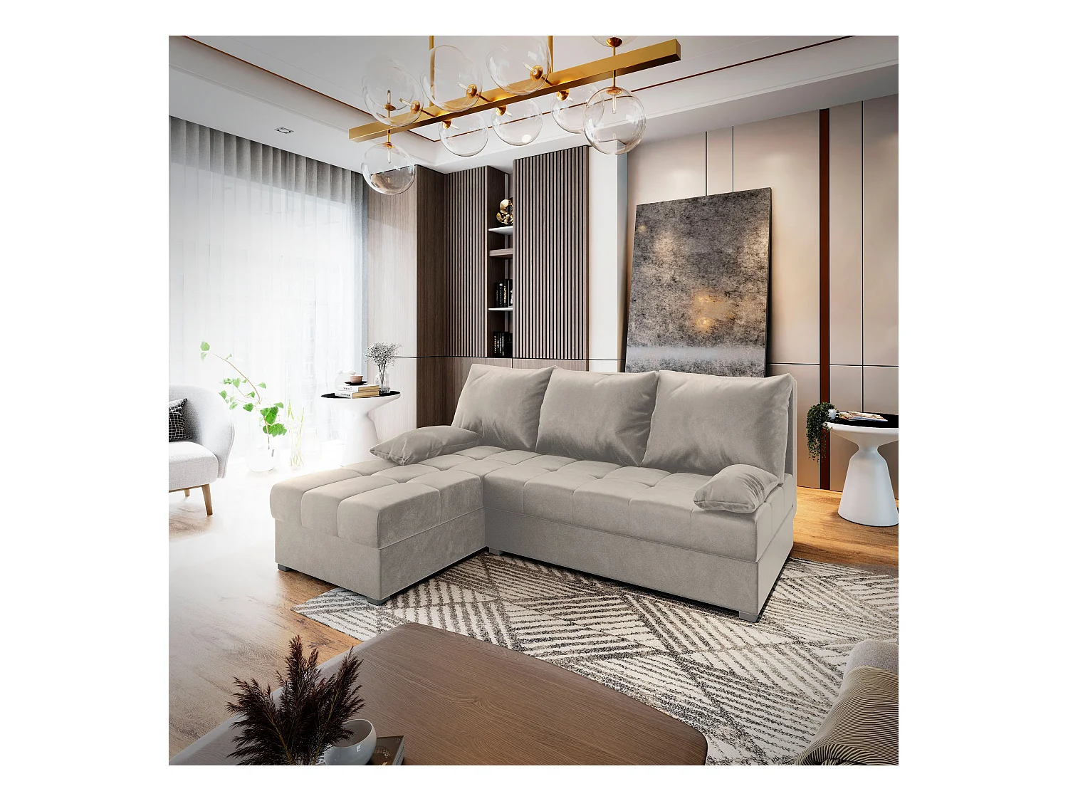 Canapé d'angle RITA Beige en peluche avec fonction de couchage