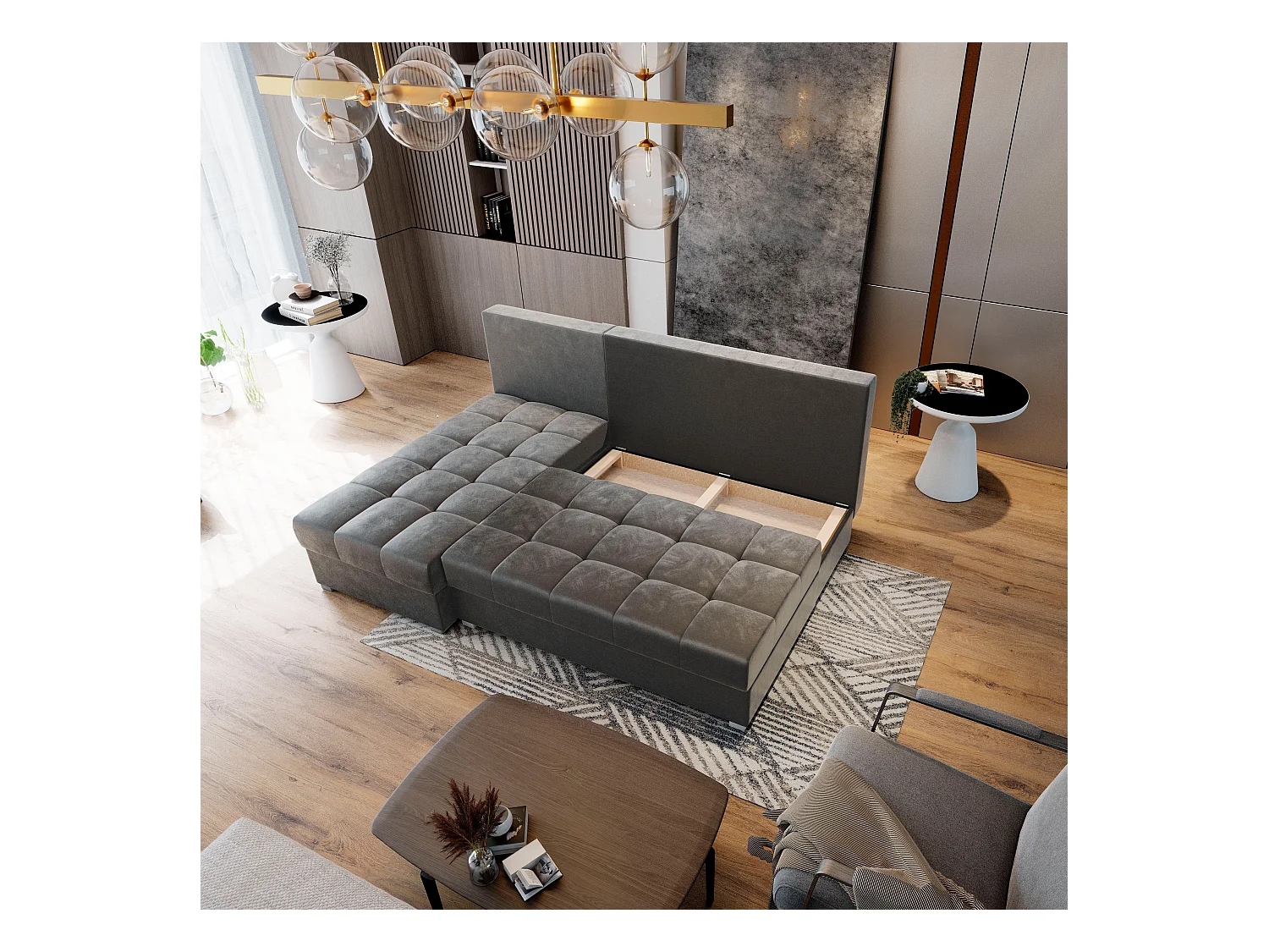Canapé d'angle RITA Beige en peluche avec fonction de couchage