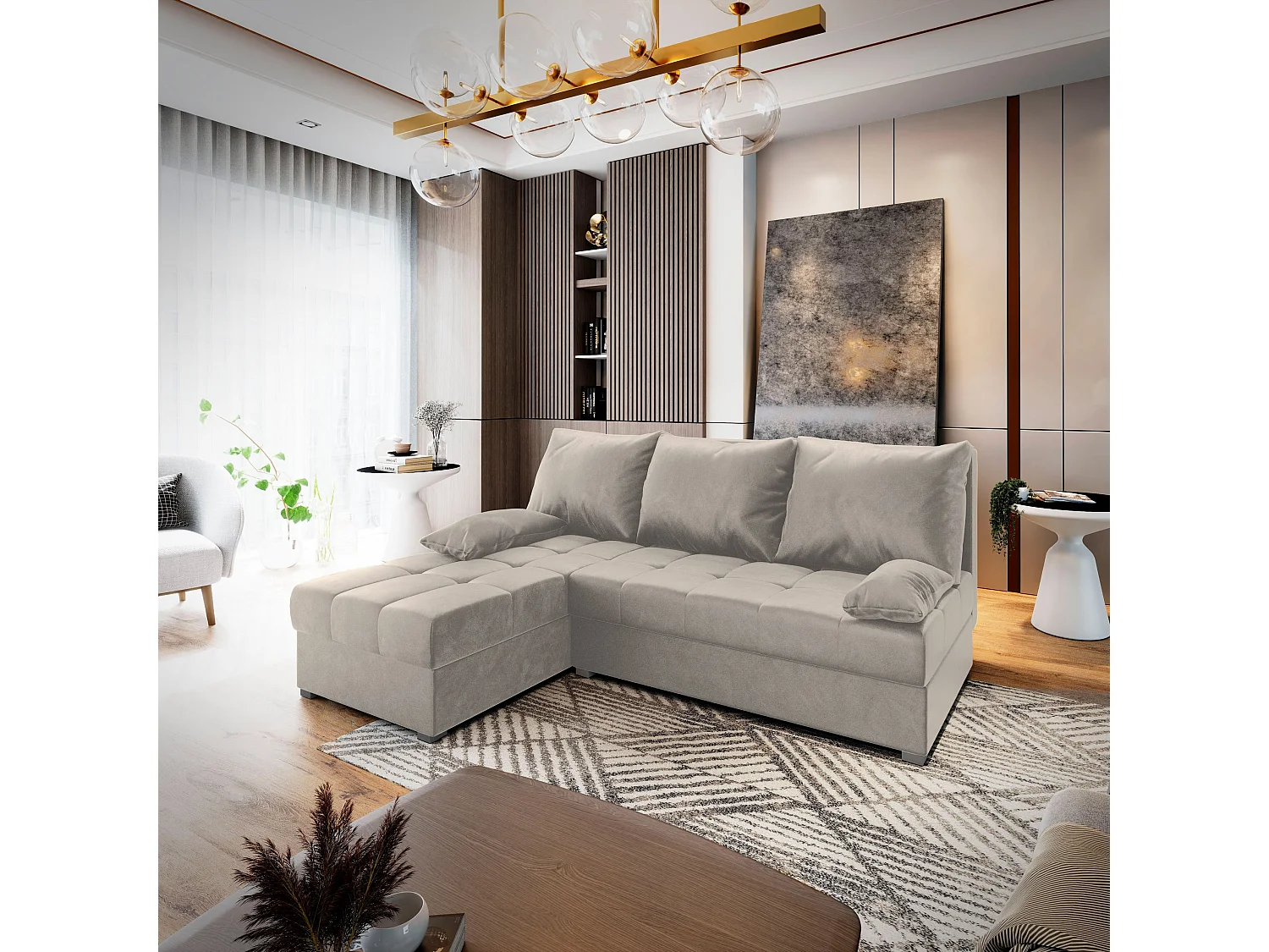 Canapé d'angle RITA Beige en peluche avec fonction de couchage