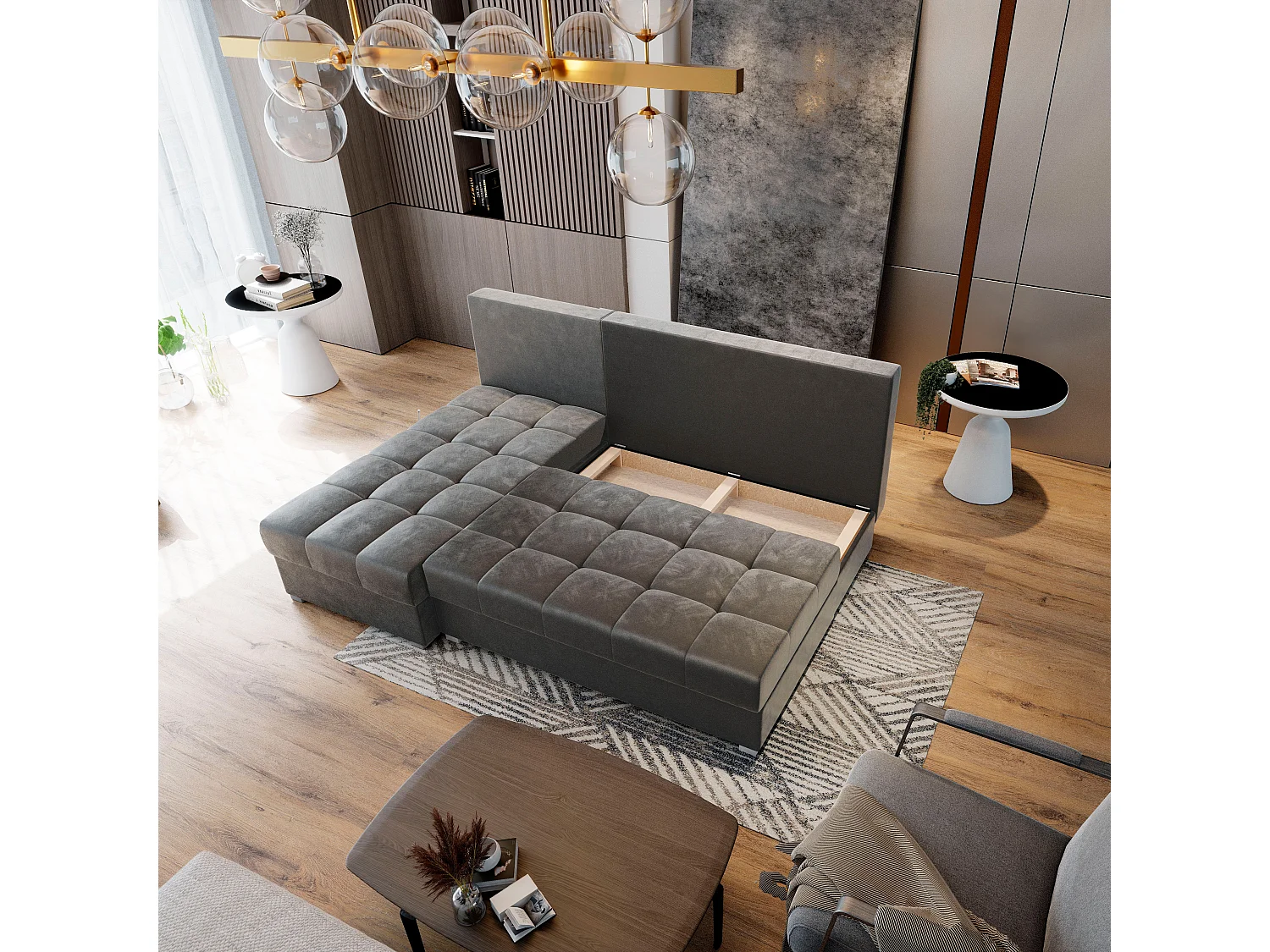 Canapé d'angle RITA Beige en peluche avec fonction de couchage