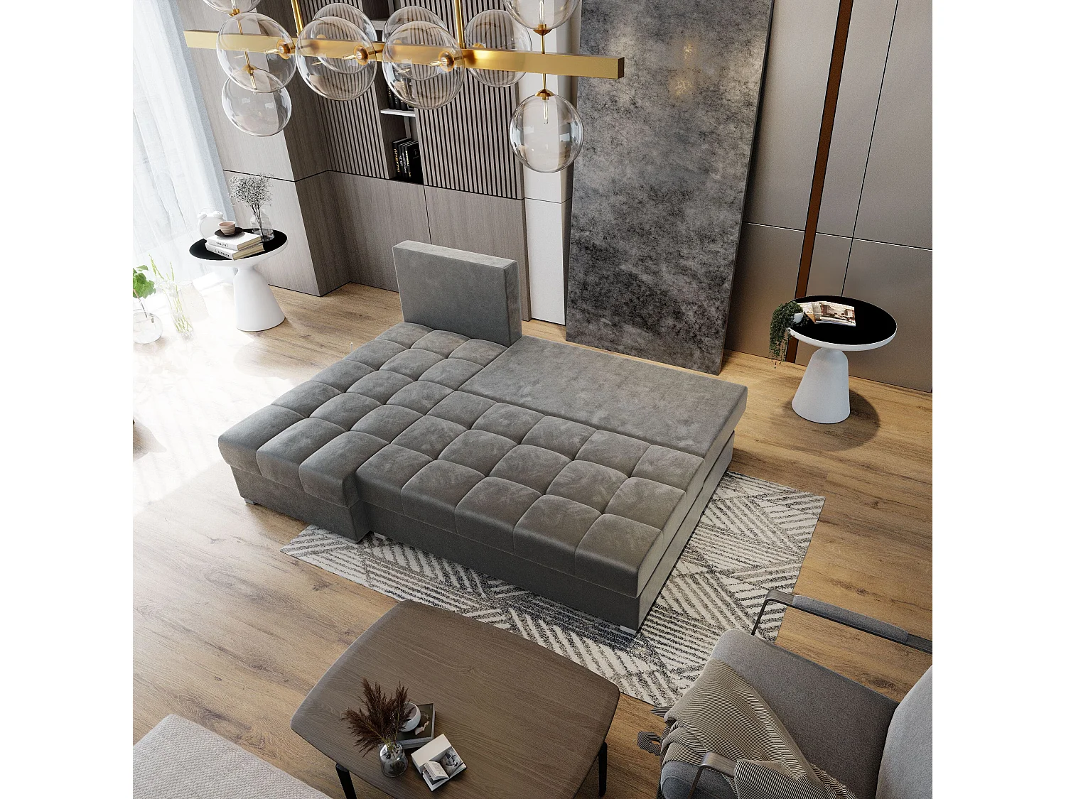 Canapé d'angle RITA Beige en peluche avec fonction de couchage