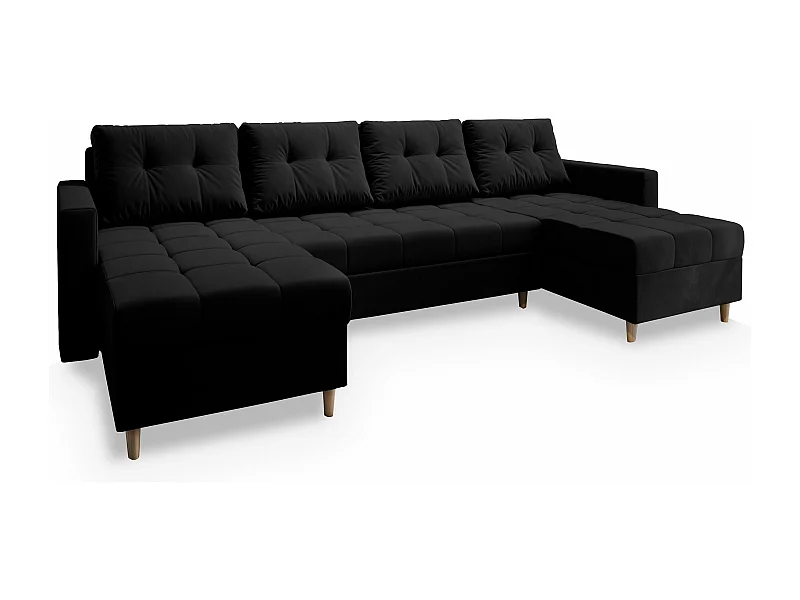 Canapé d'angle MILO Noir en peluche avec fonction de couchage