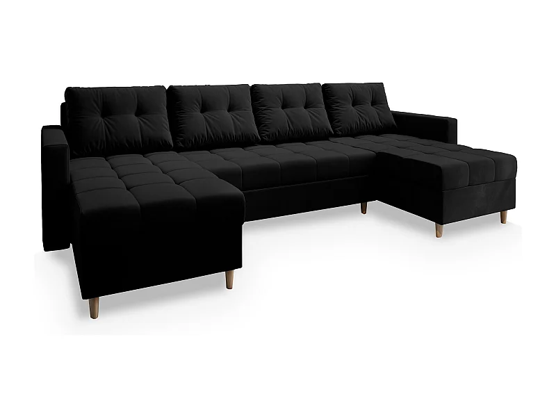 Canapé d'angle MILO Noir en peluche avec fonction de couchage