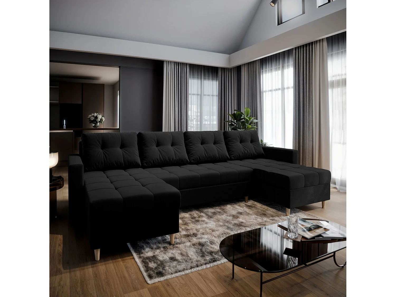 Canapé d'angle MILO Noir en peluche avec fonction de couchage