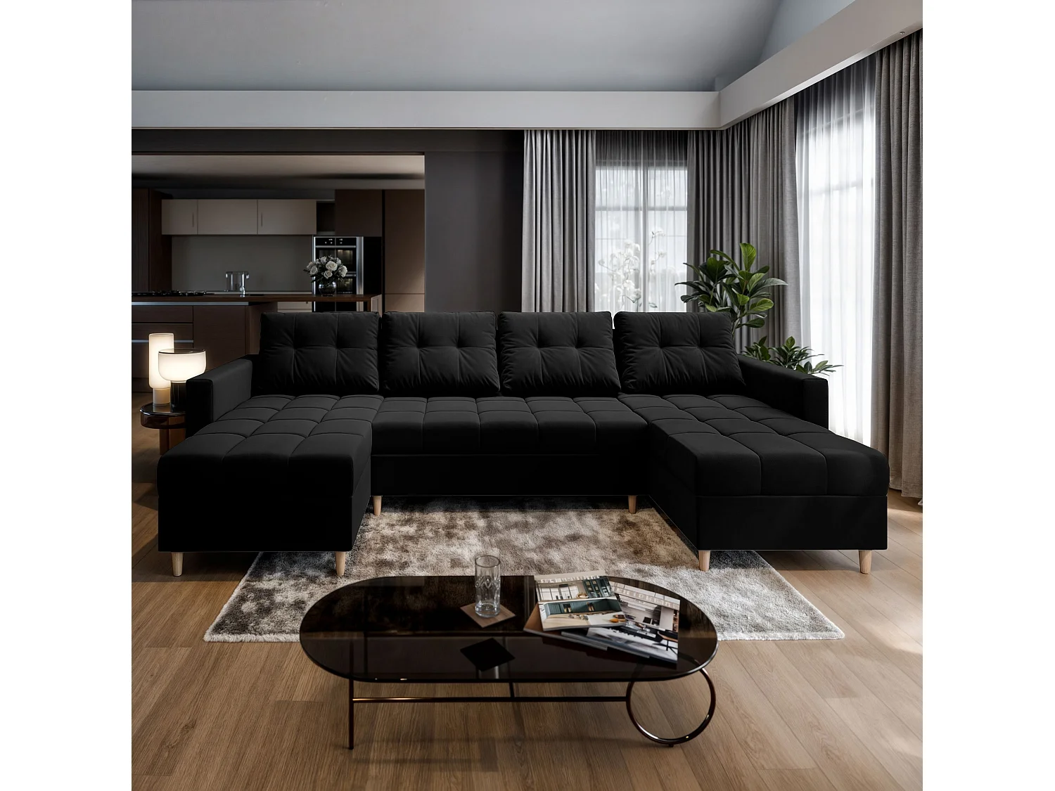 Canapé d'angle MILO Noir en peluche avec fonction de couchage