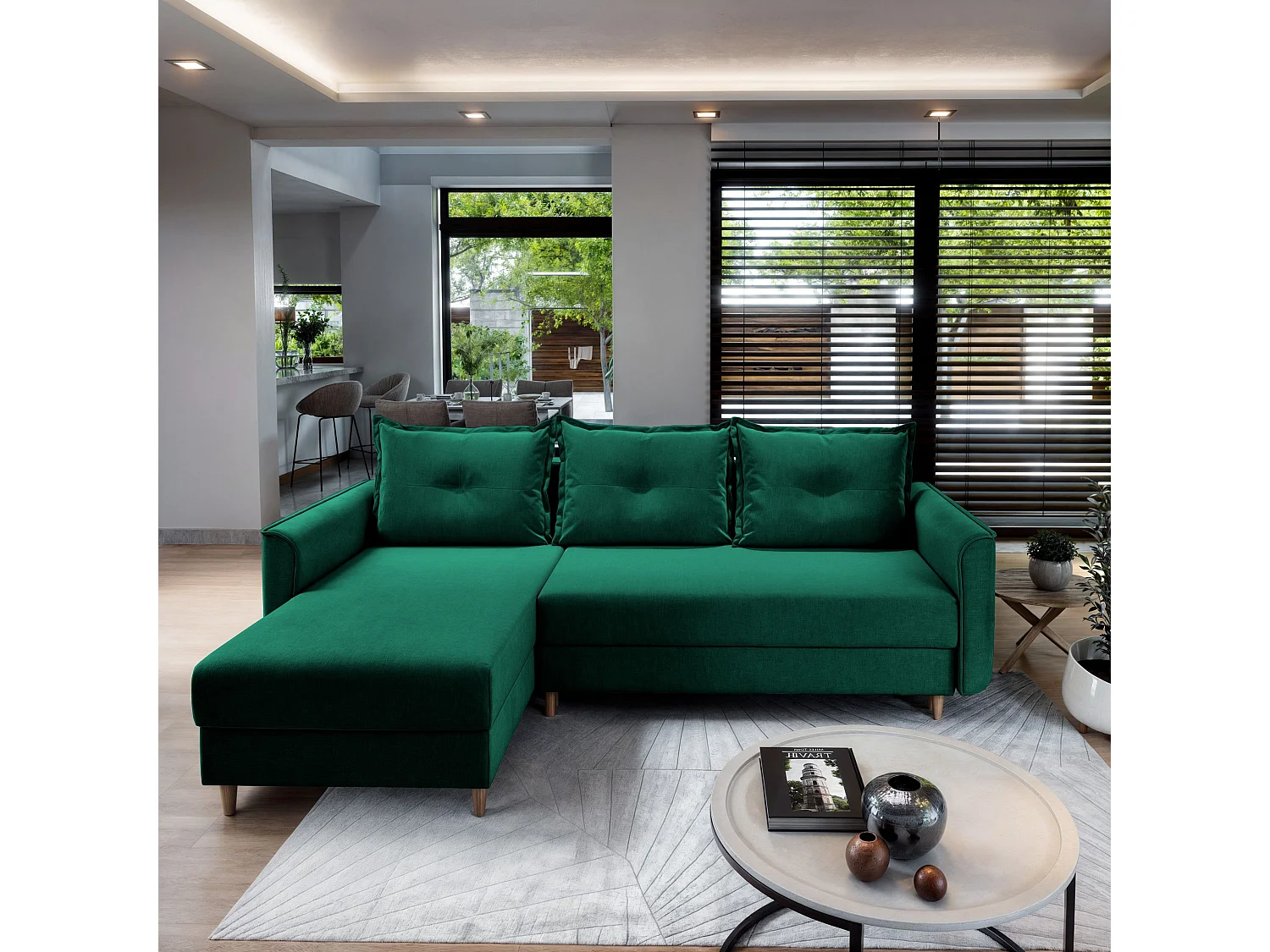 Canapé d'angle PISAN Vert Sapin en peluche avec fonction de couchage