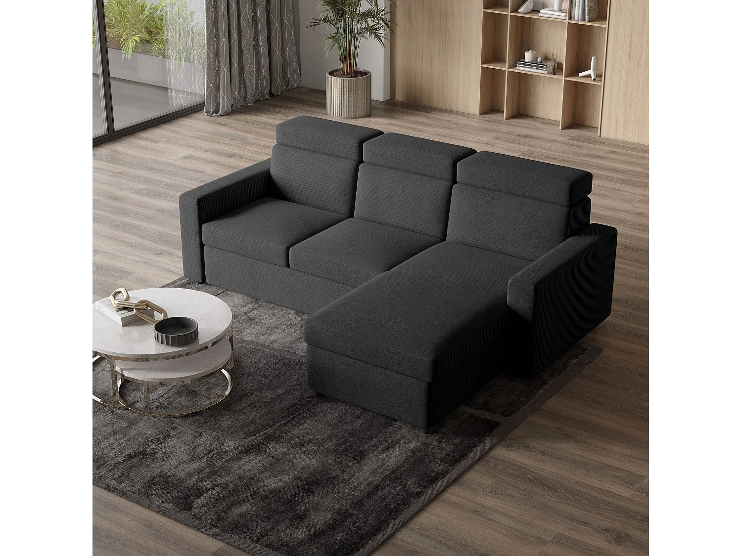 Canapé d'angle PADWA Gris anthracite en velours côtelé avec fonction de couchage