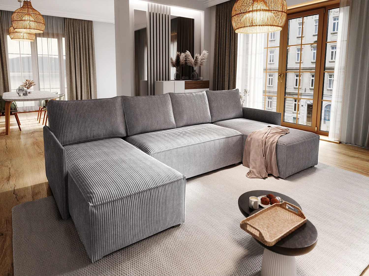 Canapé d'angle TRES Gris en velours côtelé avec fonction de couchage