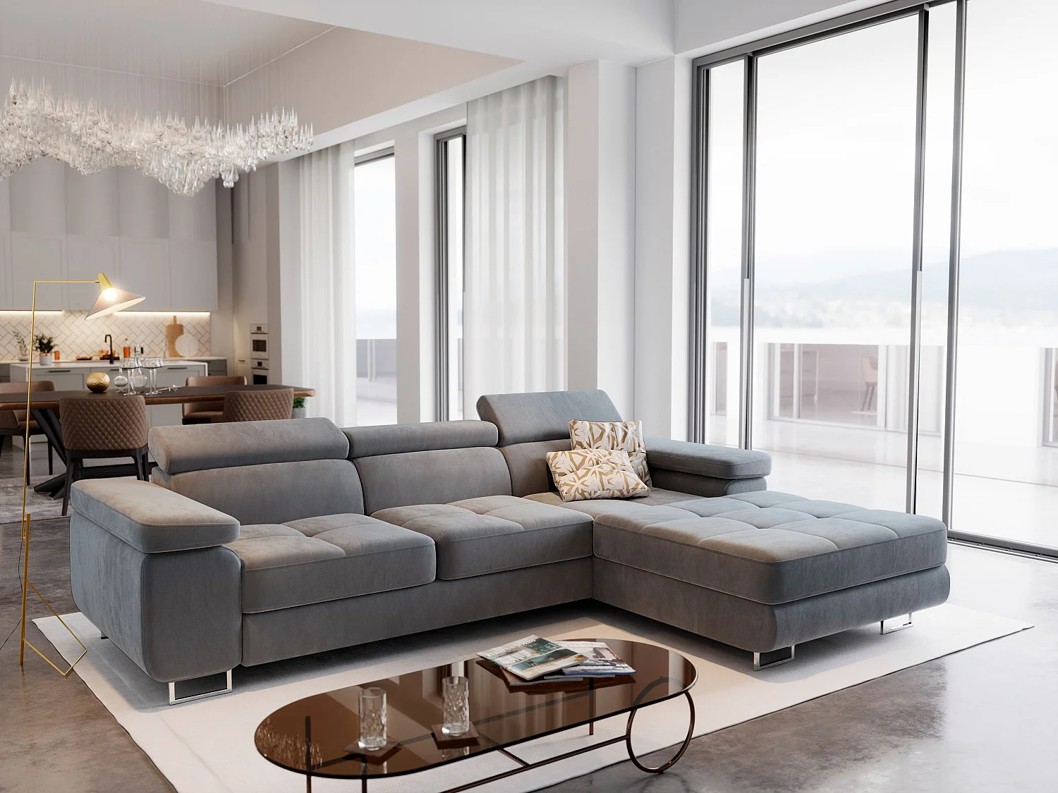 Canapé d'angle ELMA Gris clair en velours avec fonction de couchage