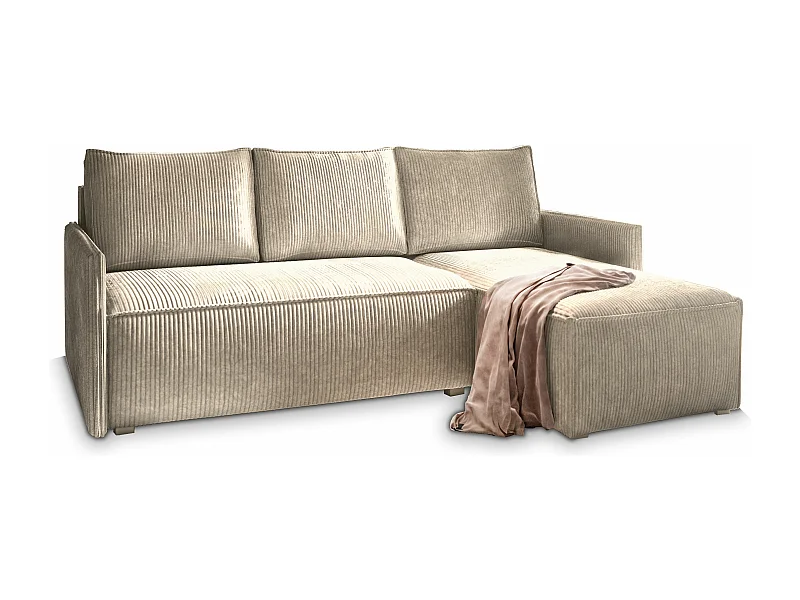 Canapé d'angle PERUSI Beige en velours côtelé avec fonction de couchage