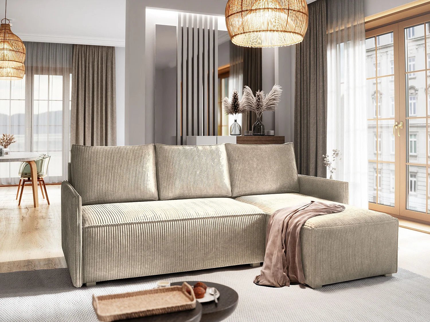 Canapé d'angle PERUSI Beige en velours côtelé avec fonction de couchage