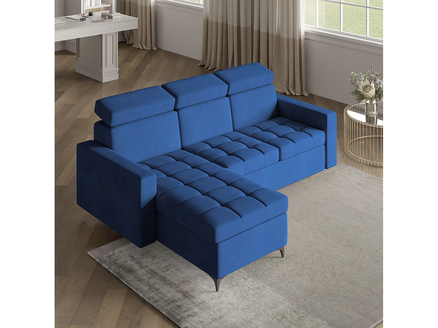 Canapé d'angle KAME Bleu en peluche avec fonction de couchage