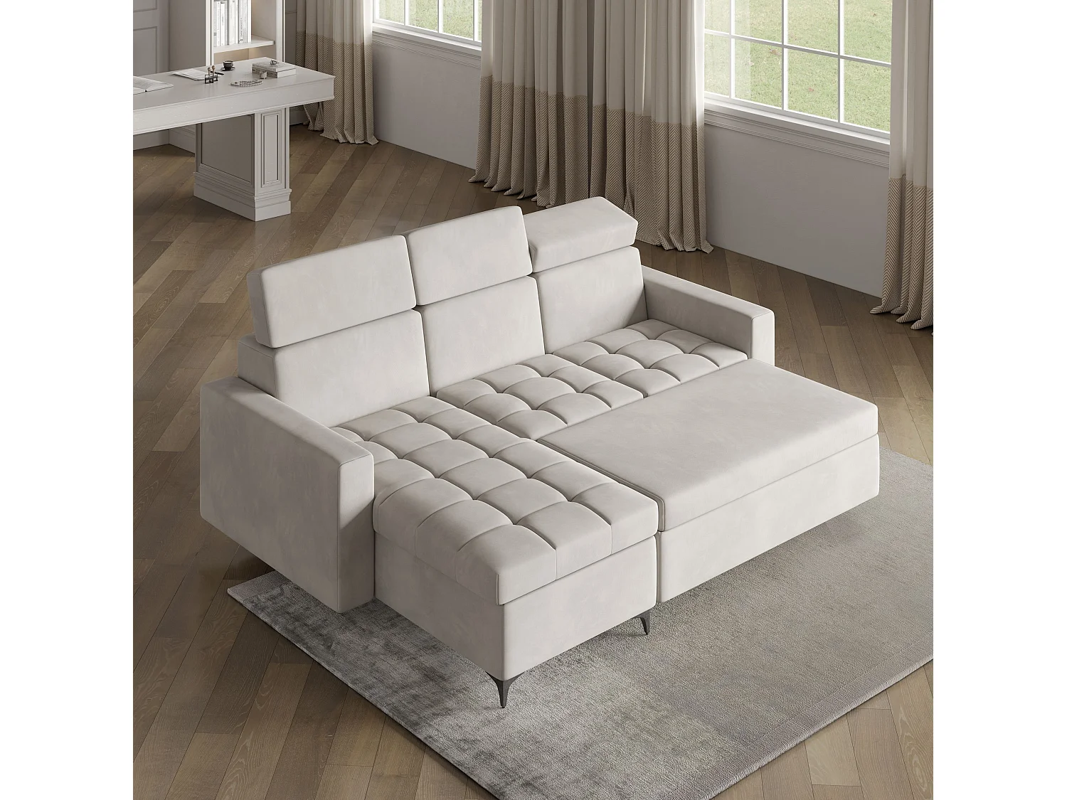 Canapé d'angle KAME Bleu en peluche avec fonction de couchage