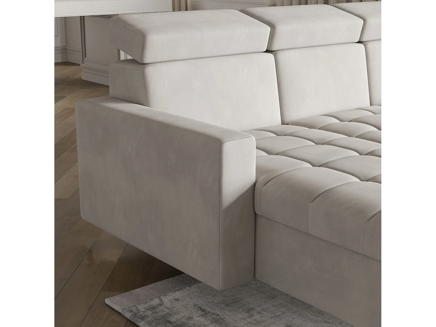 Canapé d'angle KAME Bleu en peluche avec fonction de couchage